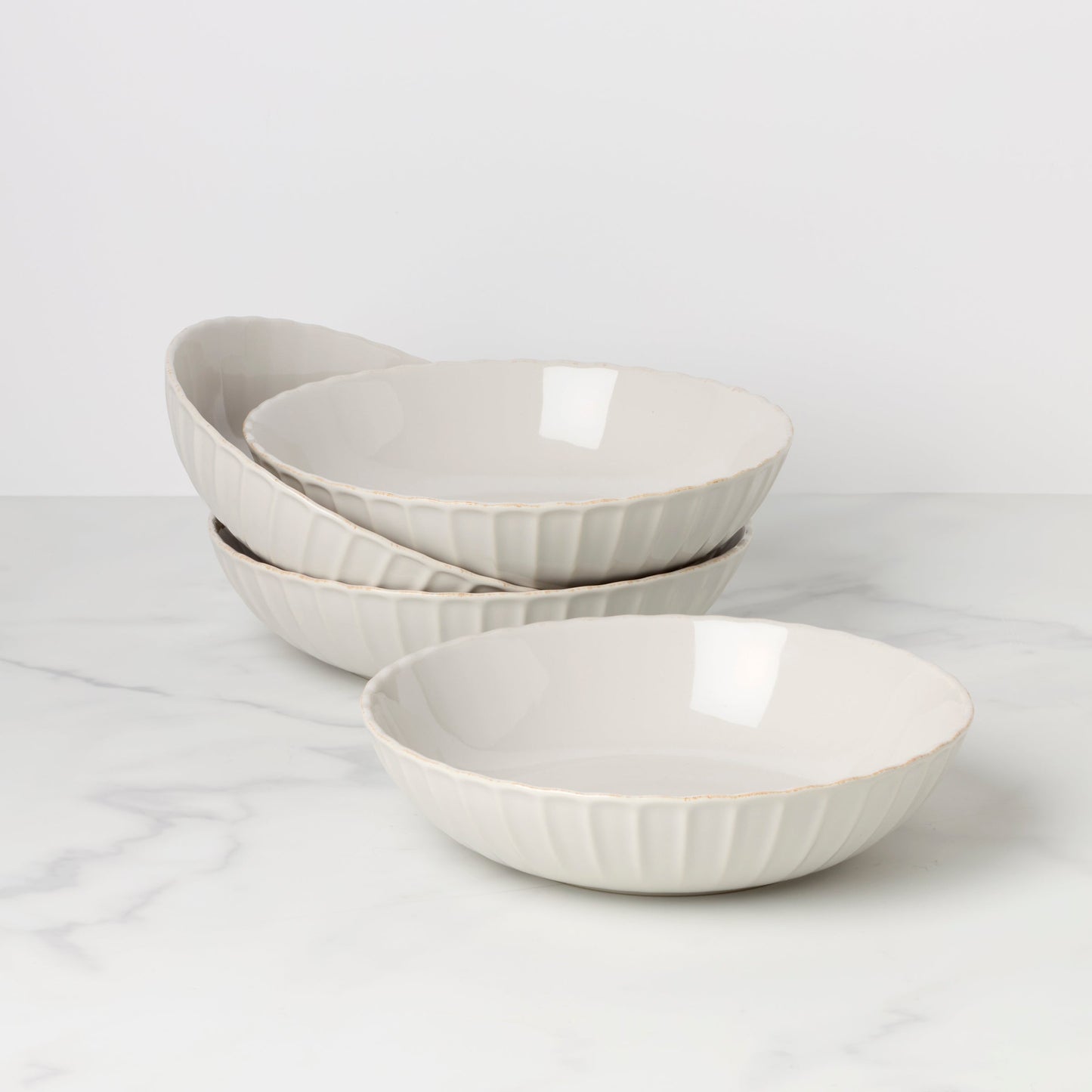 French Perle Scallop White Pasta Bowls, Set of 4