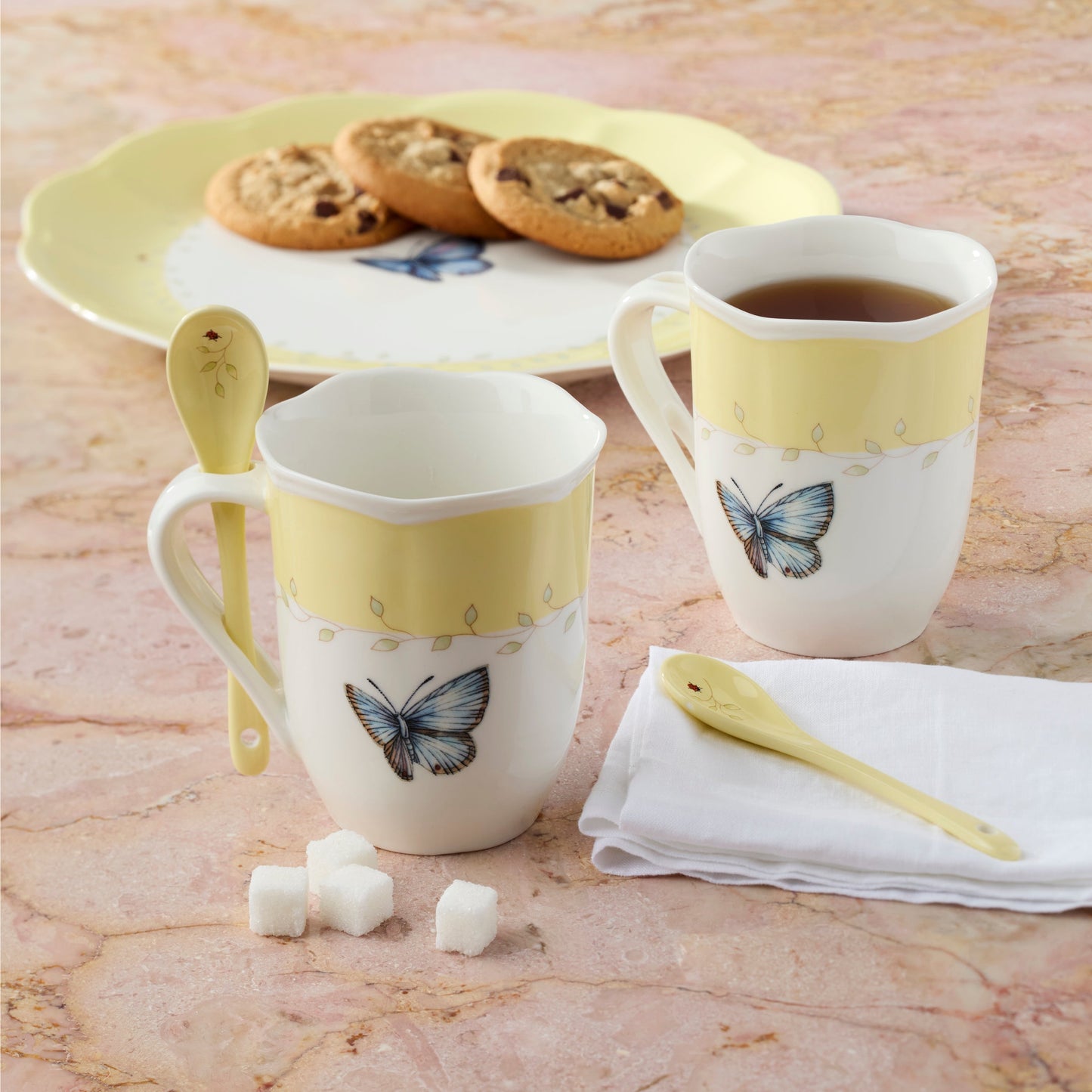 Butterfly Meadow Yellow Mugs with Spoons, Set of 2