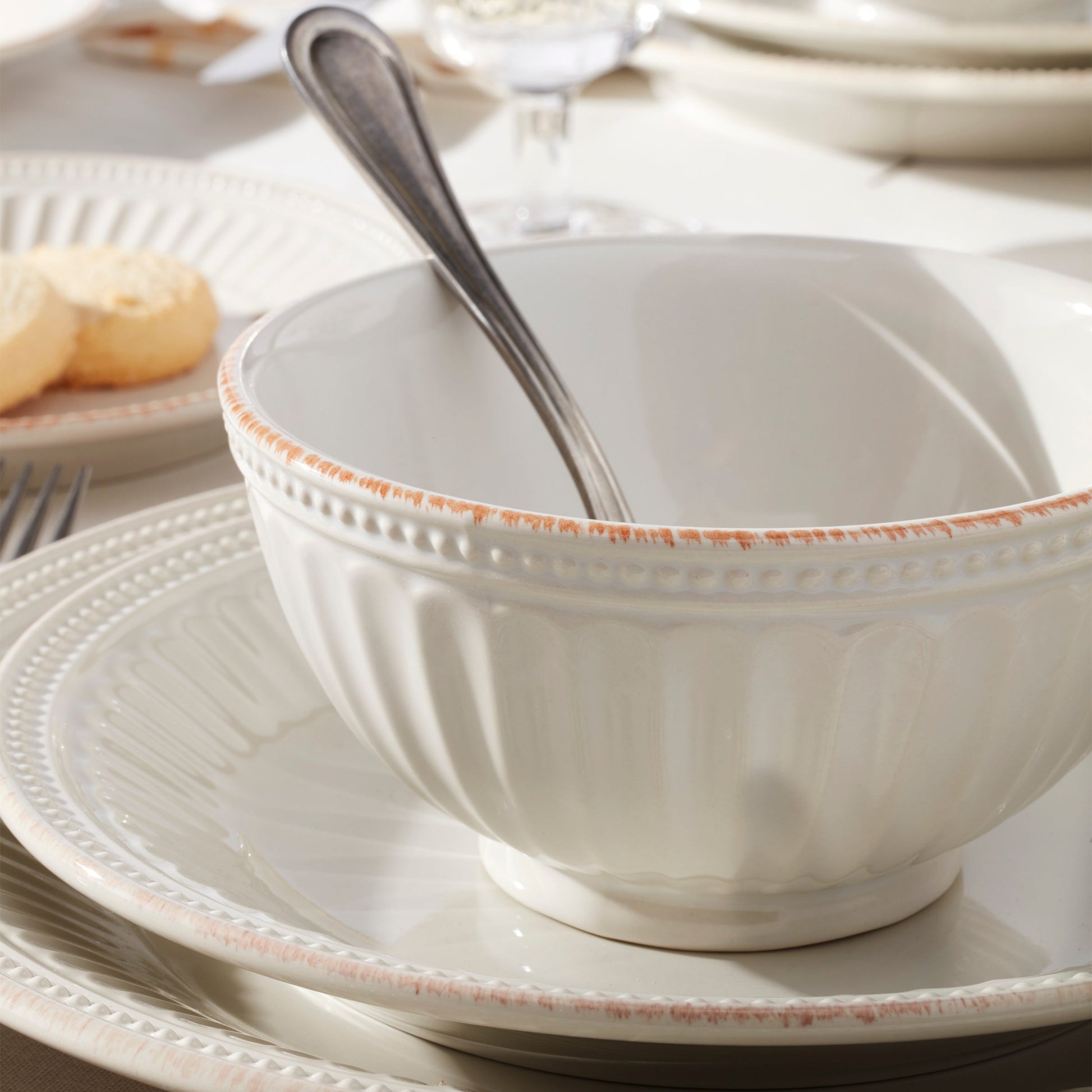 French Perle Groove White 24-Piece Dinnerware Set
