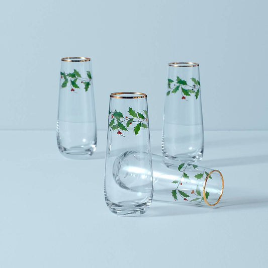 Holiday Stemless Flute Glasses, Set of 4