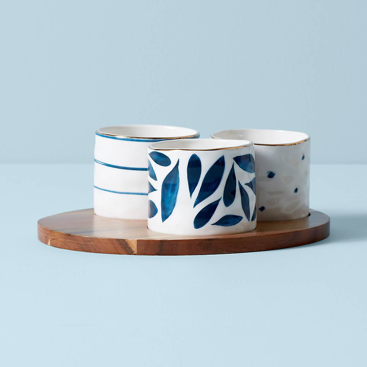 Blue Bay Snack Bowls with Wood Tray, Set of 3