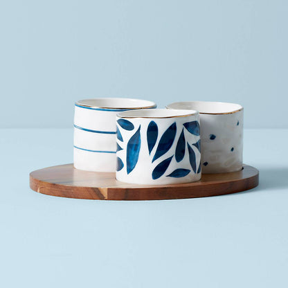 Blue Bay Snack Bowls with Wood Tray, Set of 3