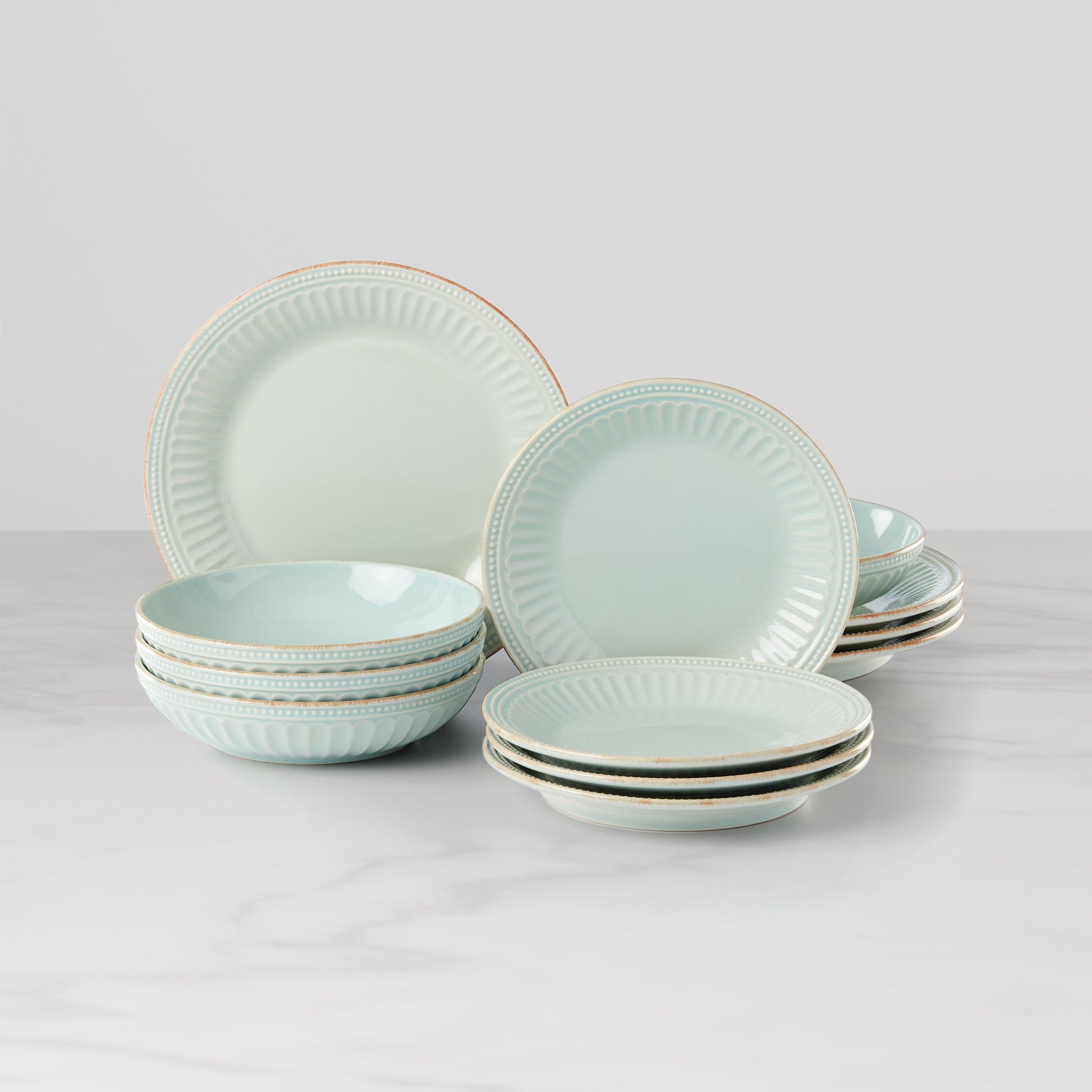 French Perle Groove Ice Blue 12-Piece Dinnerware Set