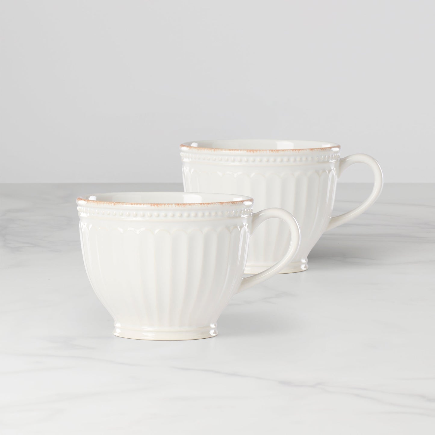 French Perle Groove White Latte Mugs, Set of 2