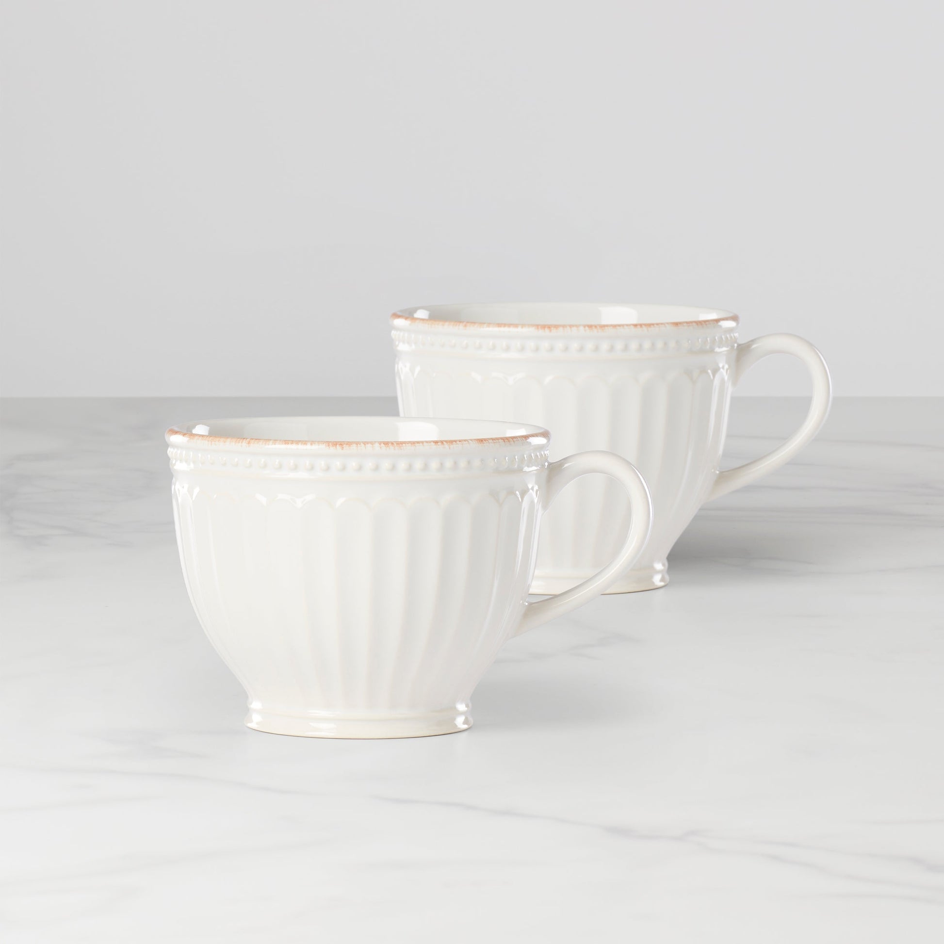 French Perle Groove White Latte Mugs, Set of 2