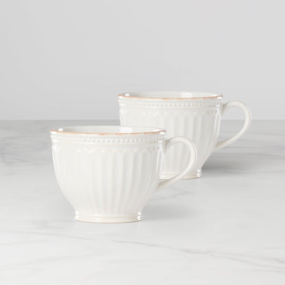 French Perle Groove White Latte Mugs, Set of 2