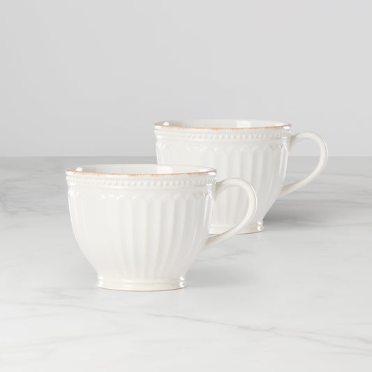 French Perle Groove White Latte Mugs, Set of 2