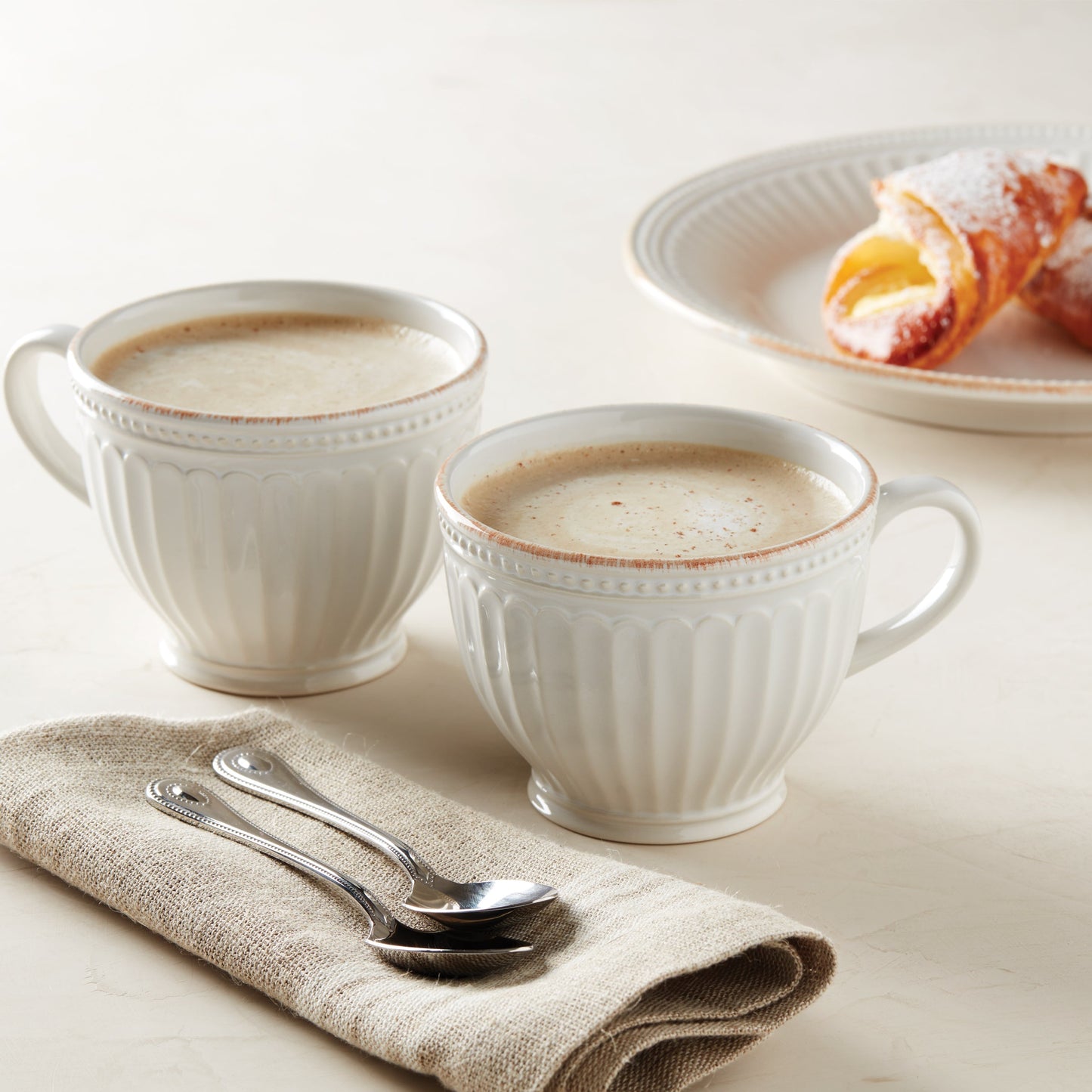 French Perle Groove White Latte Mugs, Set of 2