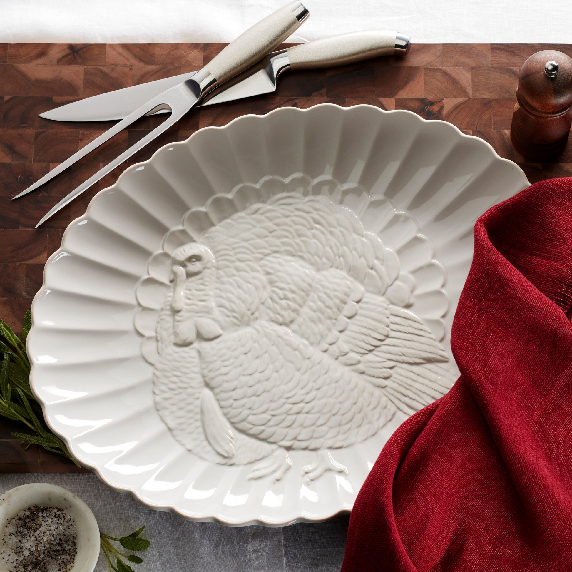French Perle White Carved Turkey Platter