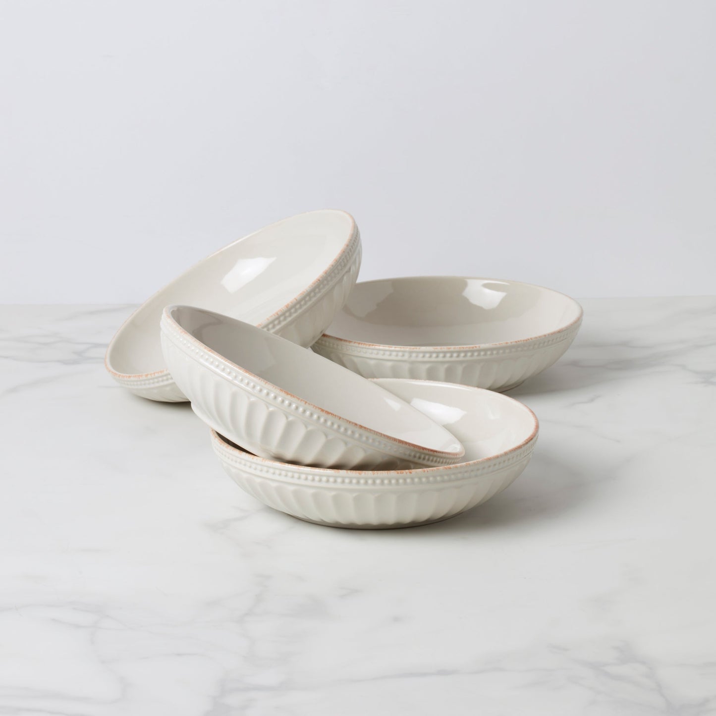 French Perle Groove White Pasta Bowls, Set of 4