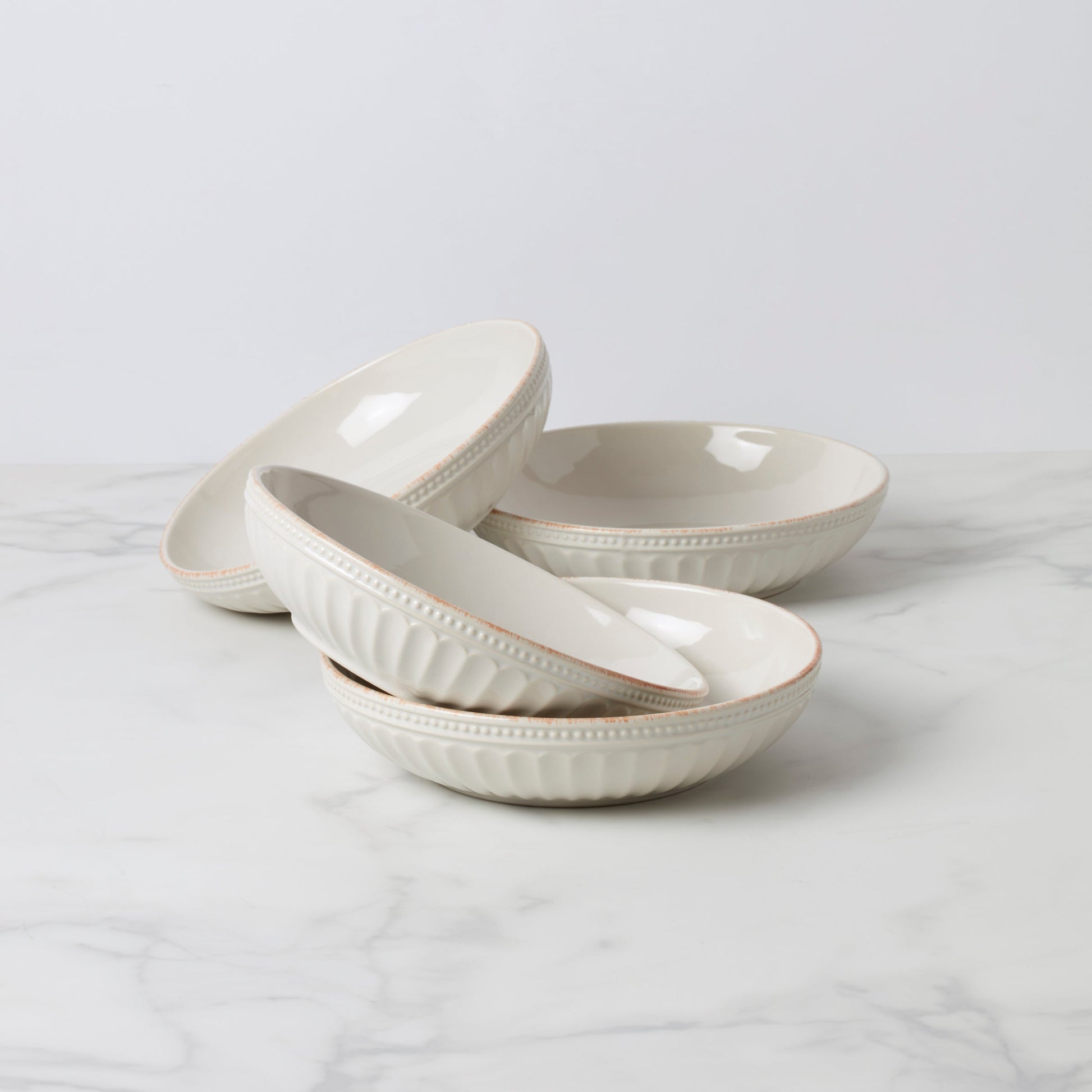 French Perle Groove White Pasta Bowls, Set of 4