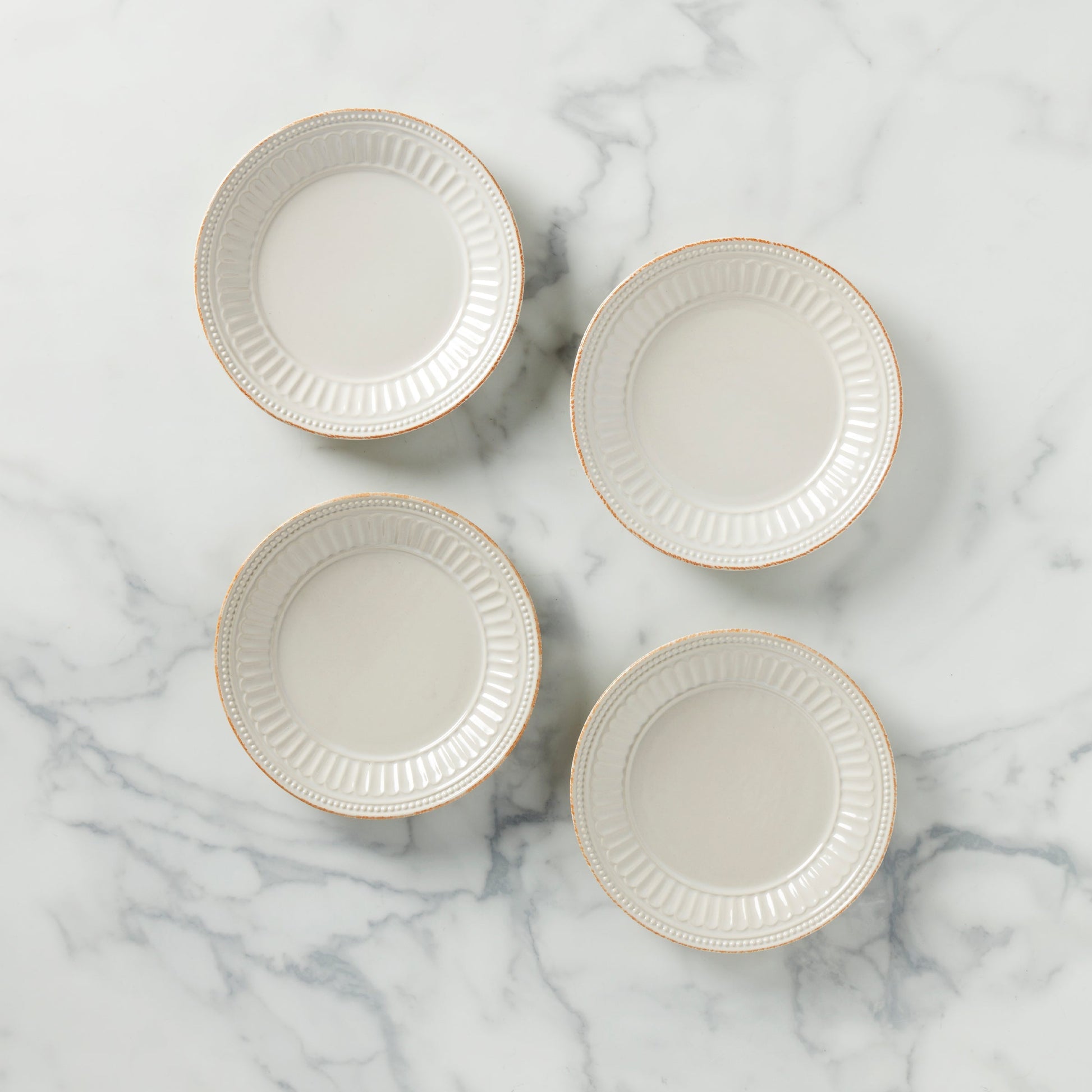 French Perle Groove White Dessert Plates, Set of 4