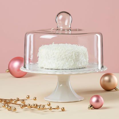 French Perle White Cake Plate with Dome