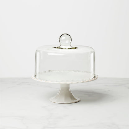 French Perle White Cake Plate with Dome