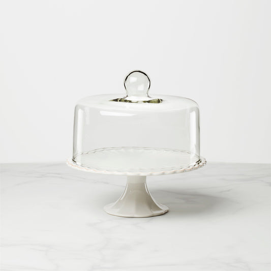 French Perle White Cake Plate with Dome