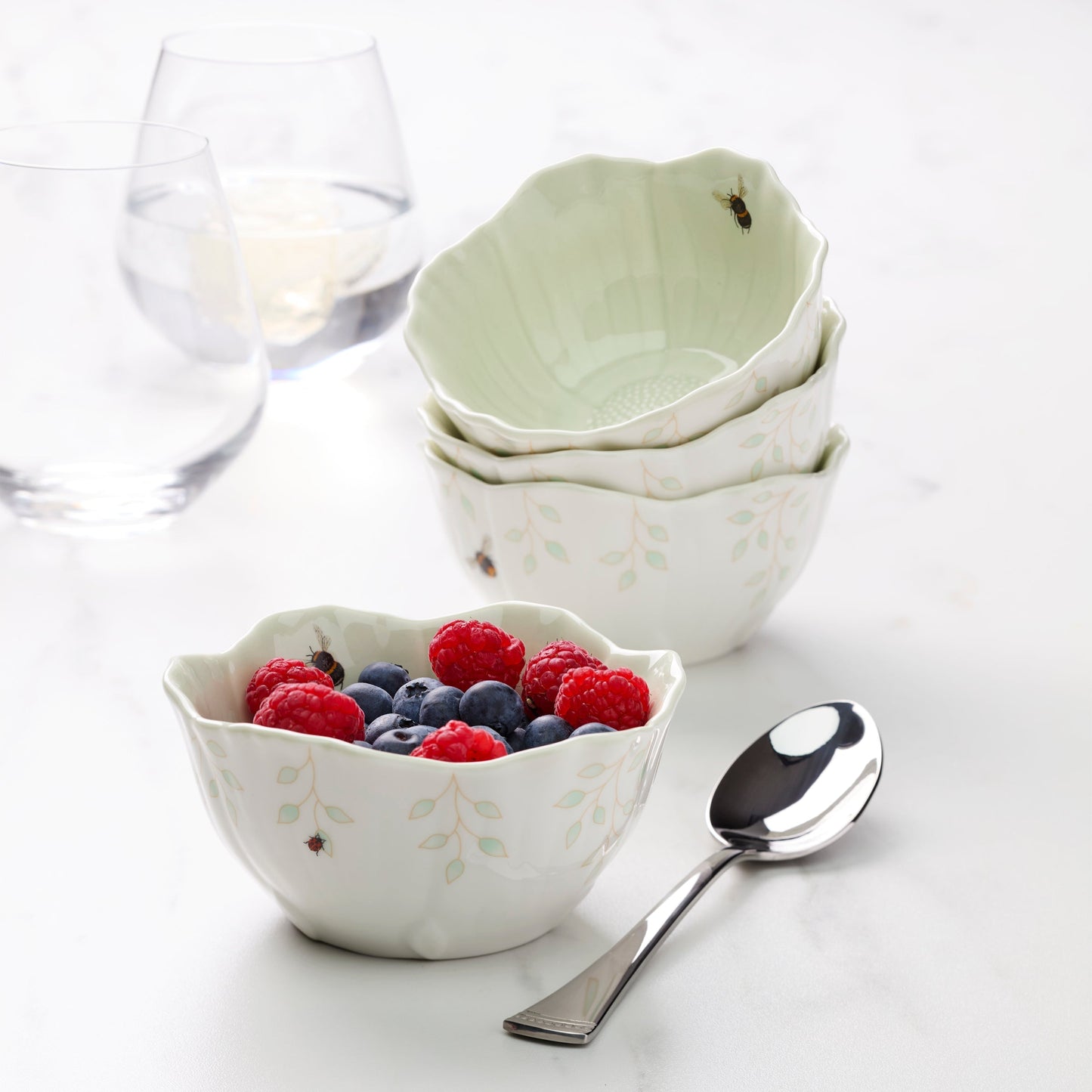 Butterfly Meadow Floral Green Dessert Bowls, Set of 4