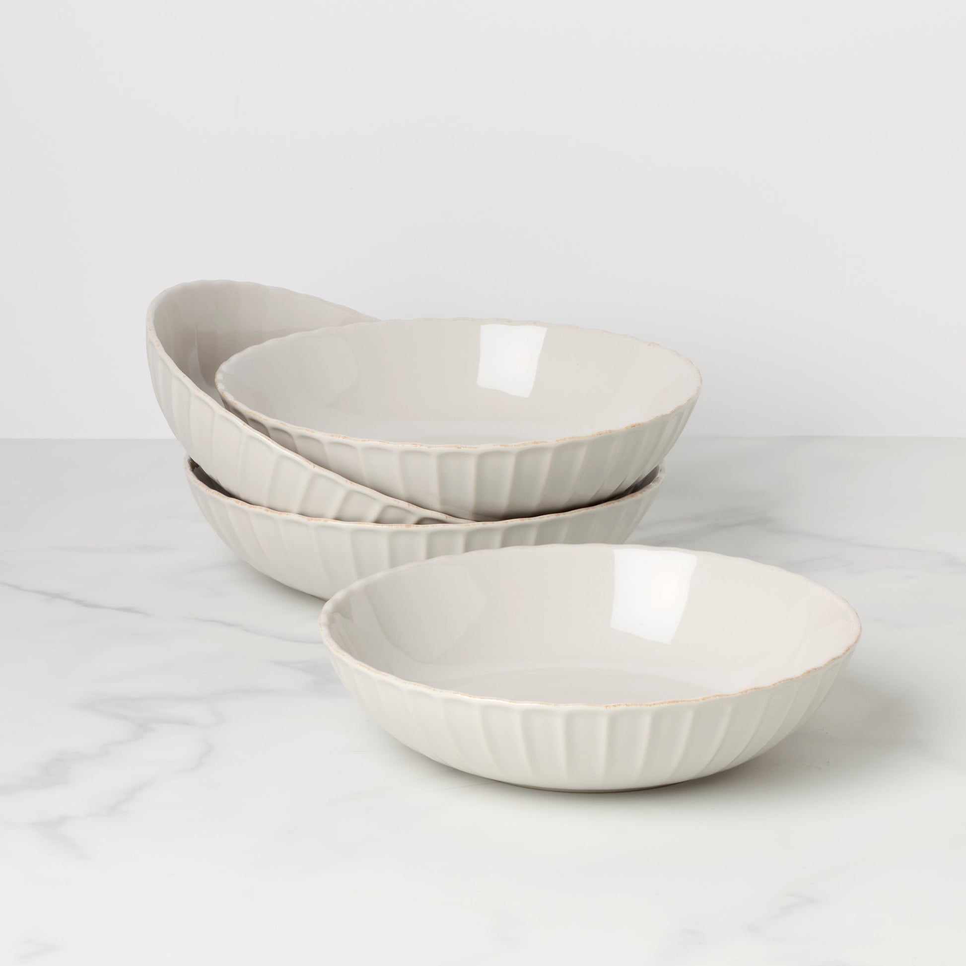 French Perle Scallop White Pasta Bowls, Set of 4