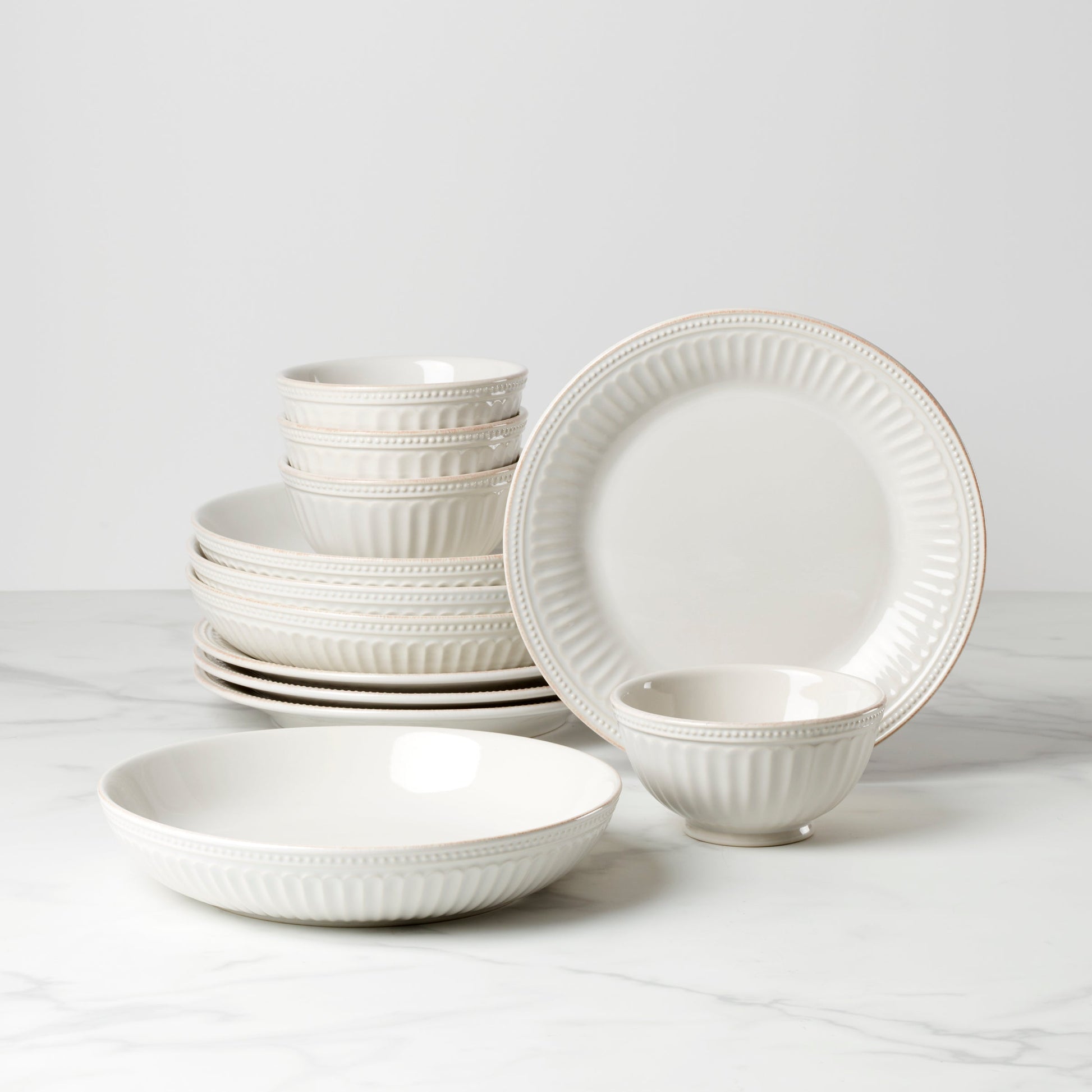French Perle Groove White 12-Piece Dinnerware Set