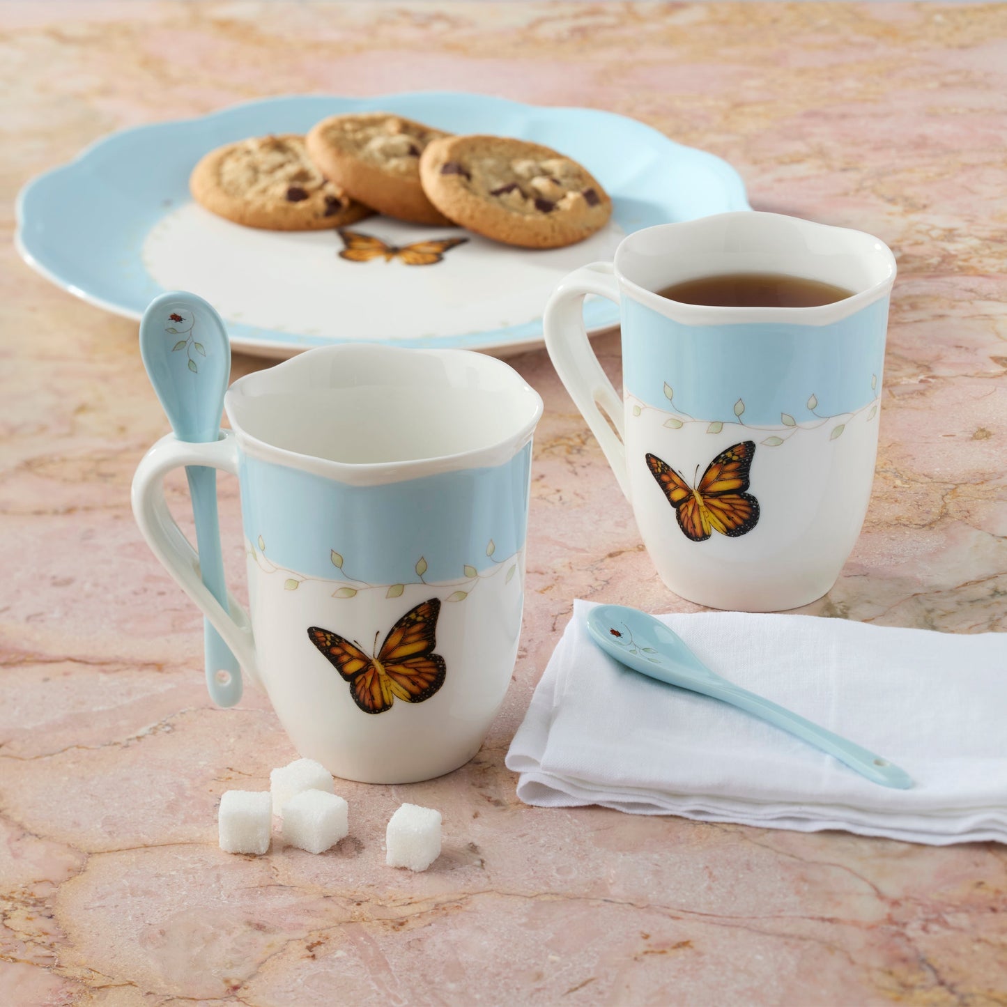 Butterfly Meadow Blue Mugs with Spoons, Set of 2