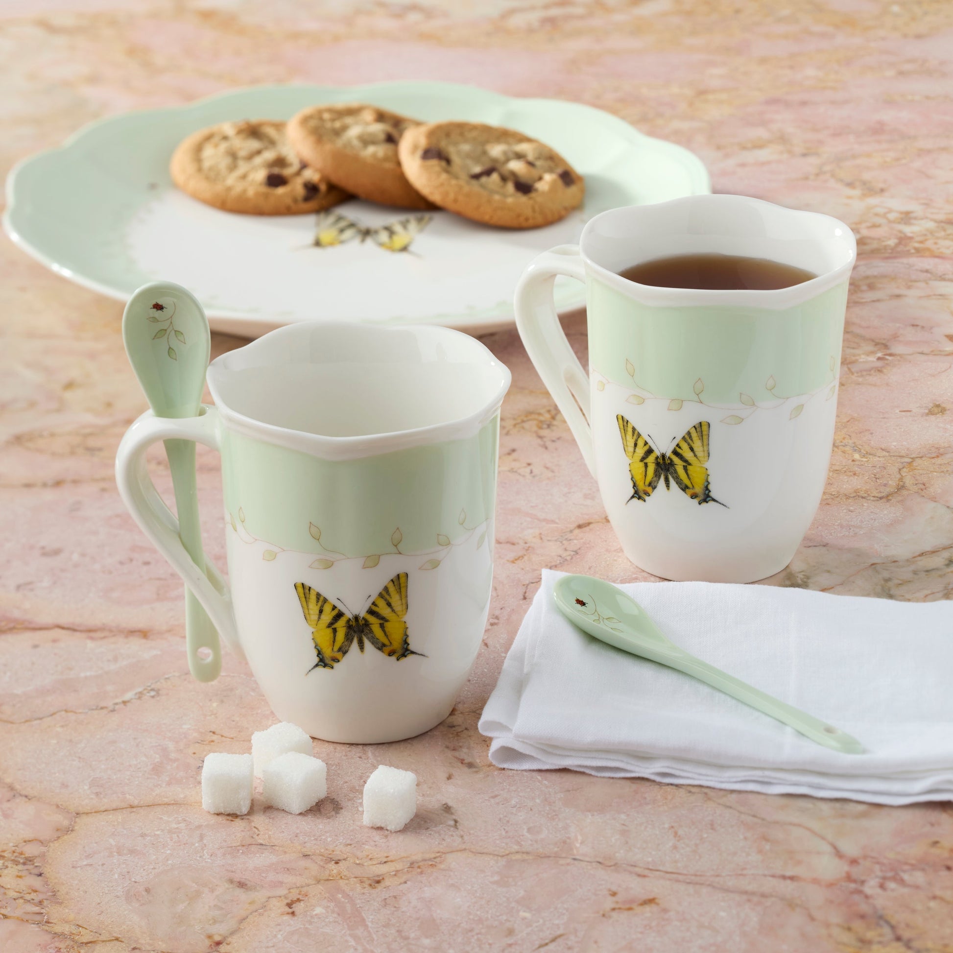 Butterfly Meadow Green Mugs with Spoons, Set of 2