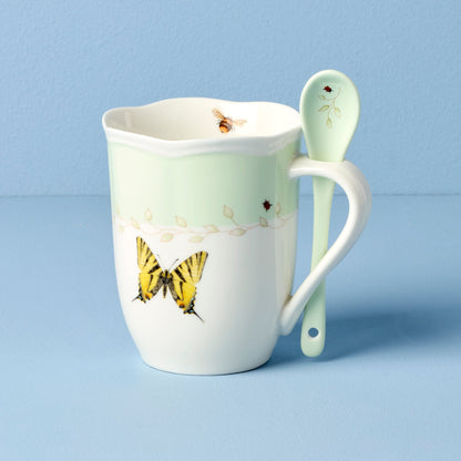 Butterfly Meadow Green Mugs with Spoons, Set of 2