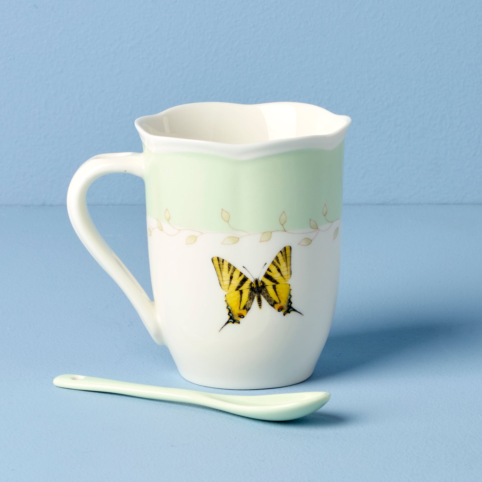 Butterfly Meadow Green Mugs with Spoons, Set of 2