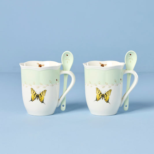 Butterfly Meadow Green Mugs with Spoons, Set of 2