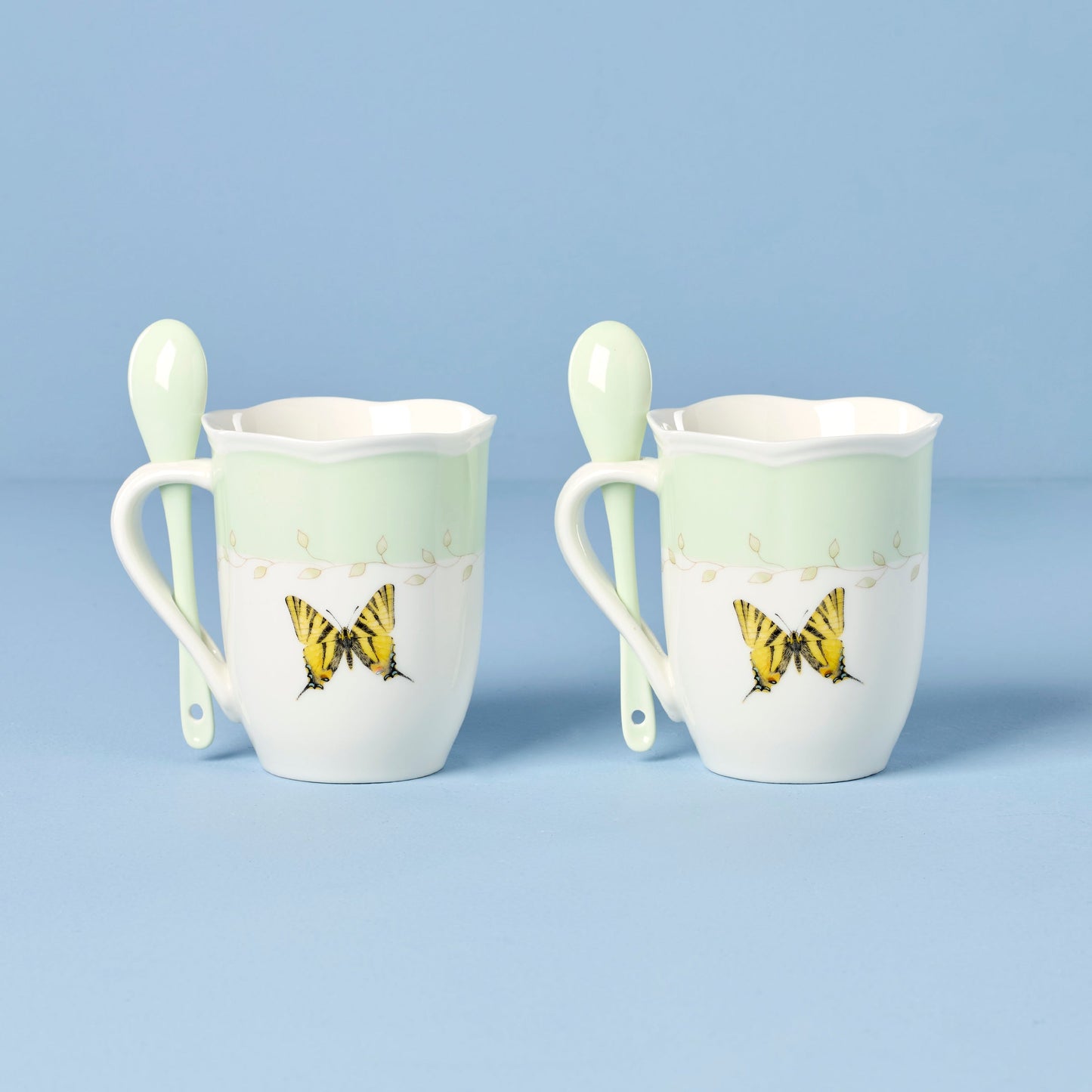 Butterfly Meadow Green Mugs with Spoons, Set of 2