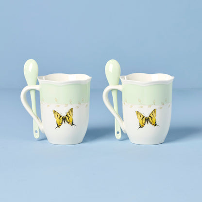 Butterfly Meadow Green Mugs with Spoons, Set of 2