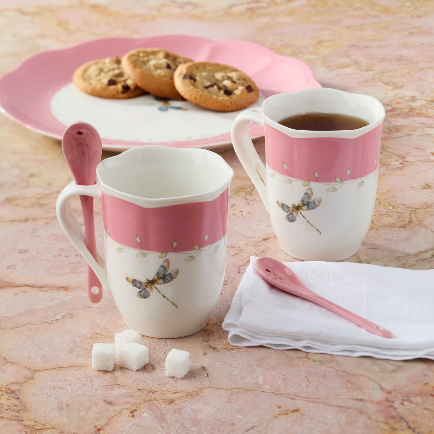 Butterfly Meadow Pink Mugs with Spoons, Set of 2
