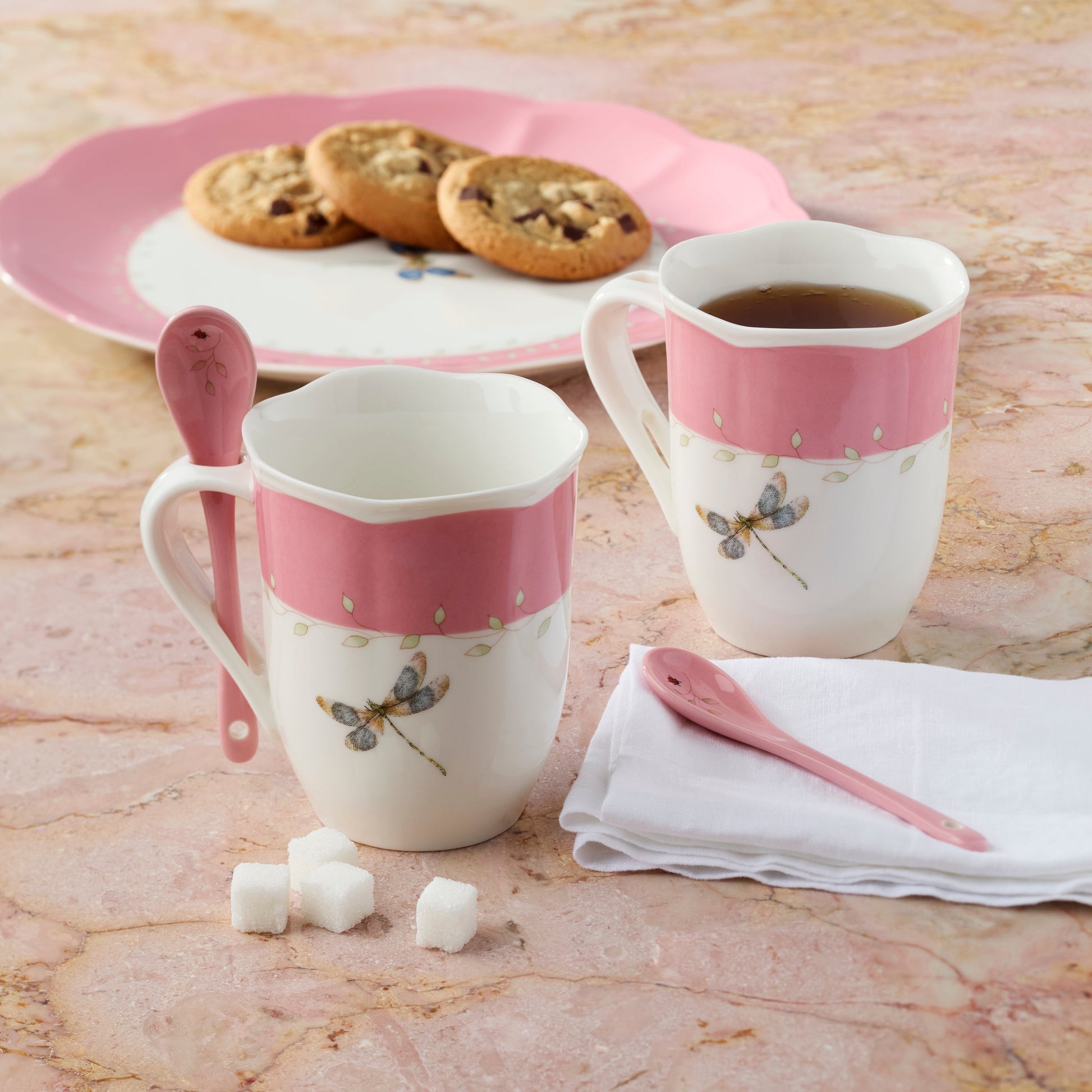 Butterfly Meadow Pink Mugs with Spoons, Set of 2