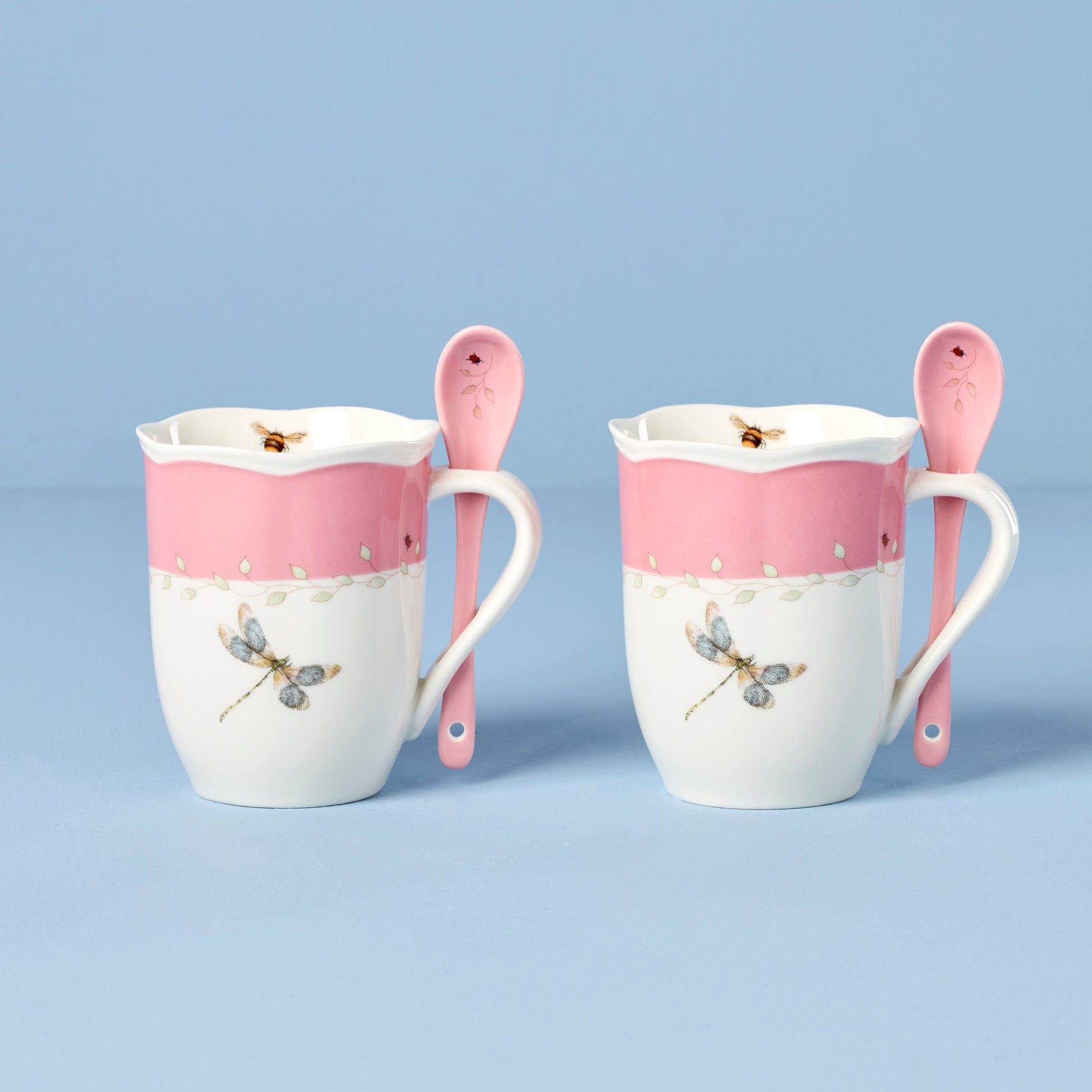 Butterfly Meadow Pink Mugs with Spoons, Set of 2