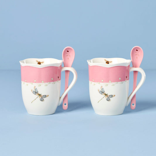 Butterfly Meadow Pink Mugs with Spoons, Set of 2