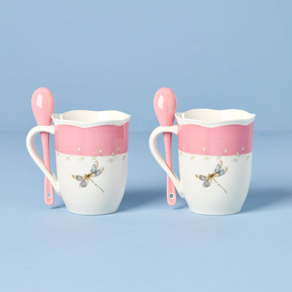Butterfly Meadow Pink Mugs with Spoons, Set of 2