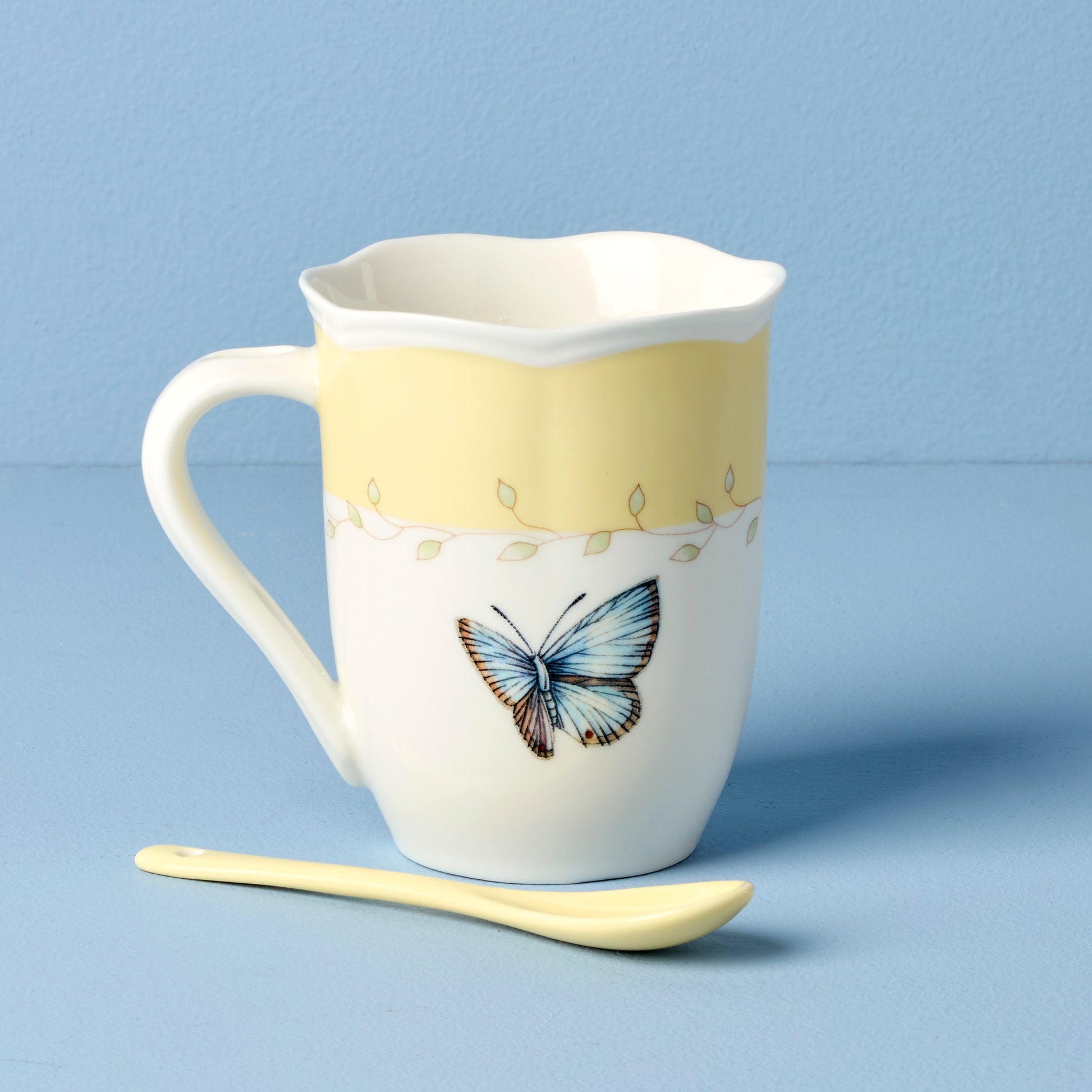 Butterfly Meadow Yellow Mugs with Spoons, Set of 2