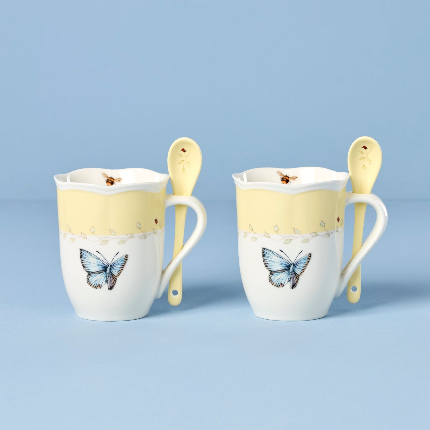 Butterfly Meadow Yellow Mugs with Spoons, Set of 2
