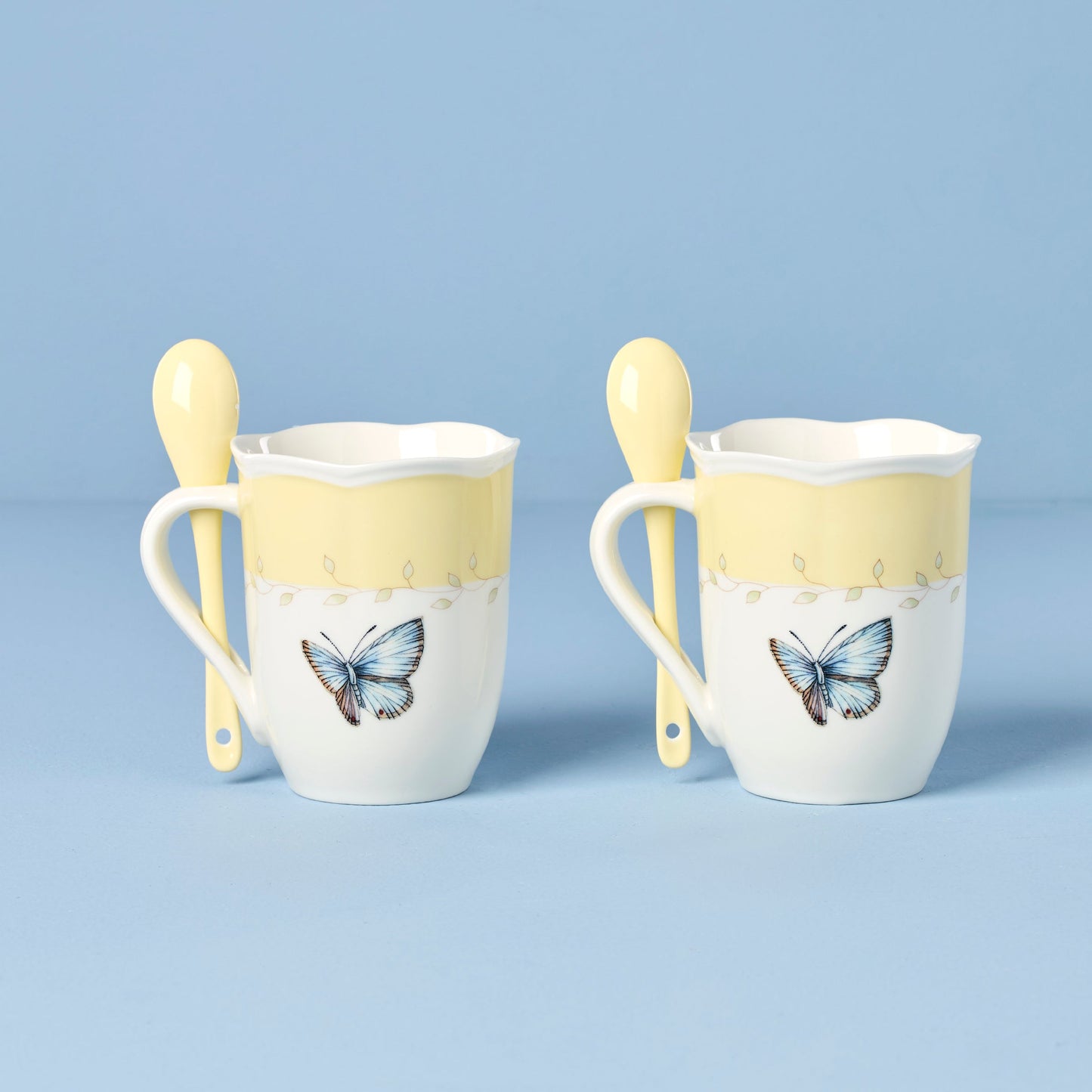 Butterfly Meadow Yellow Mugs with Spoons, Set of 2