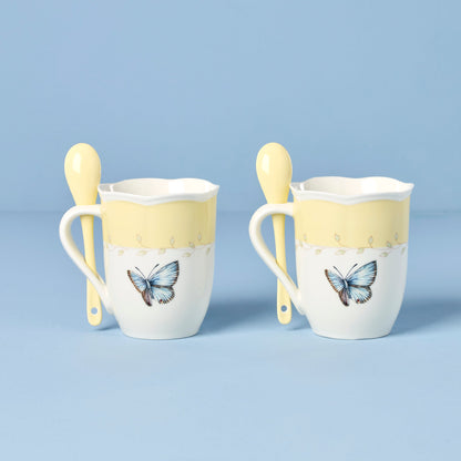 Butterfly Meadow Yellow Mugs with Spoons, Set of 2