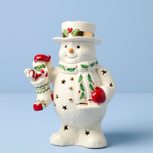 Happy Holly Days Snowman With Stocking Lit Figurine