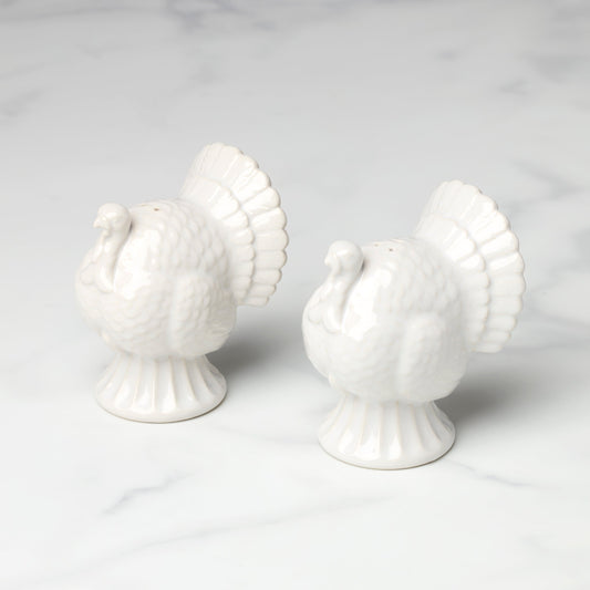 French Perle White Carved Turkey Salt & Pepper Set
