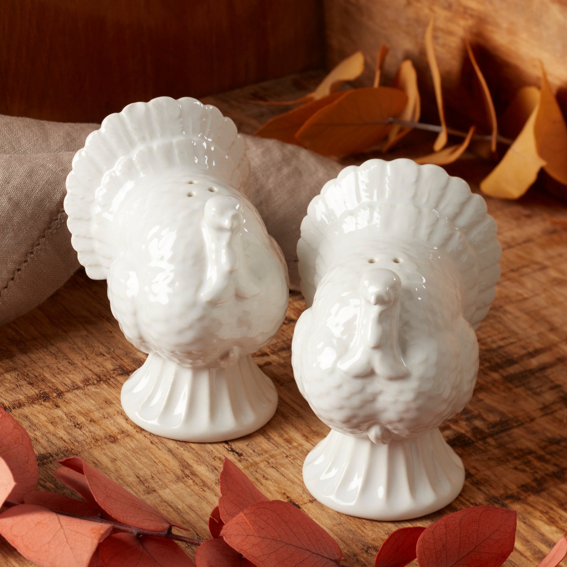 French Perle White Carved Turkey Salt & Pepper Set