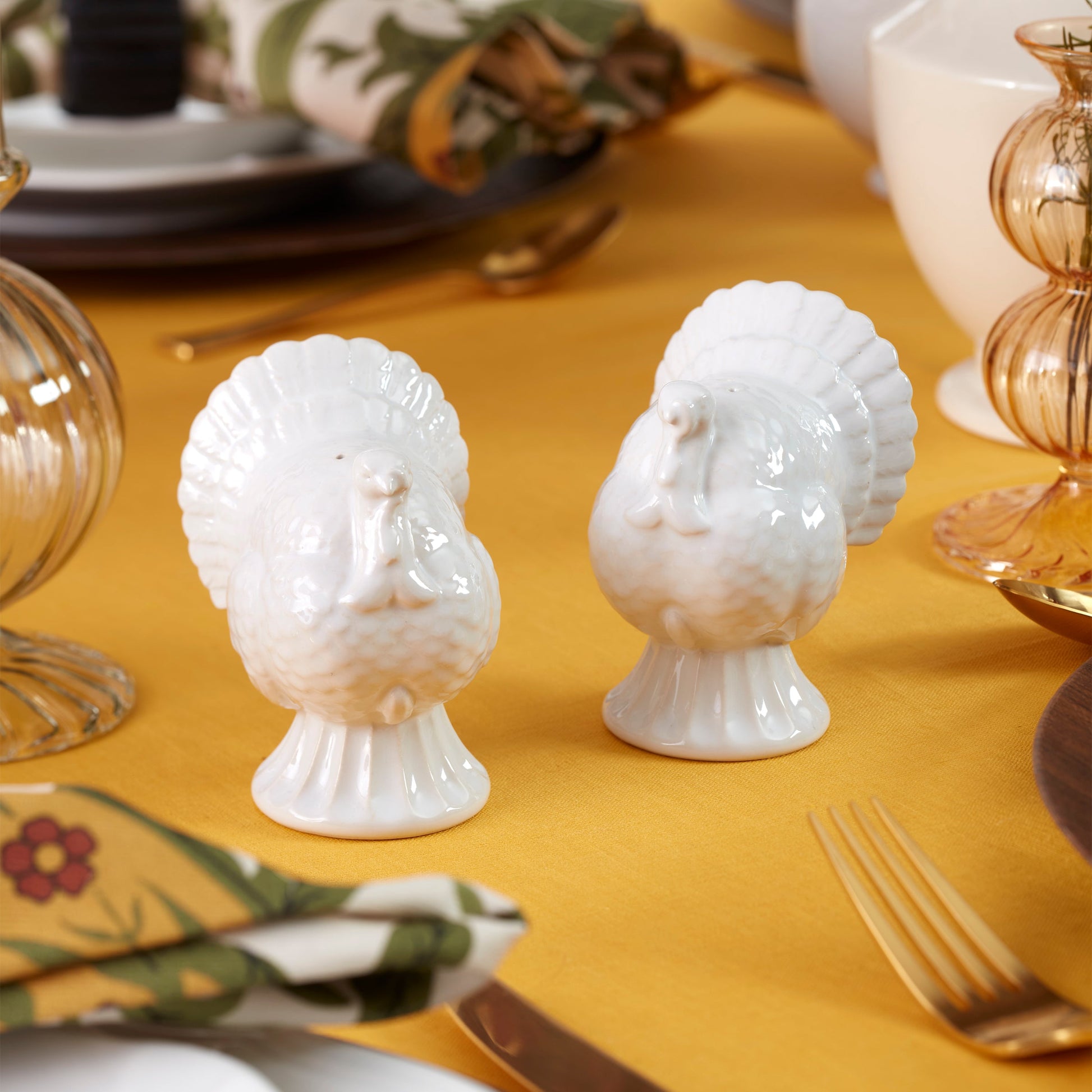 French Perle White Carved Turkey Salt & Pepper Set