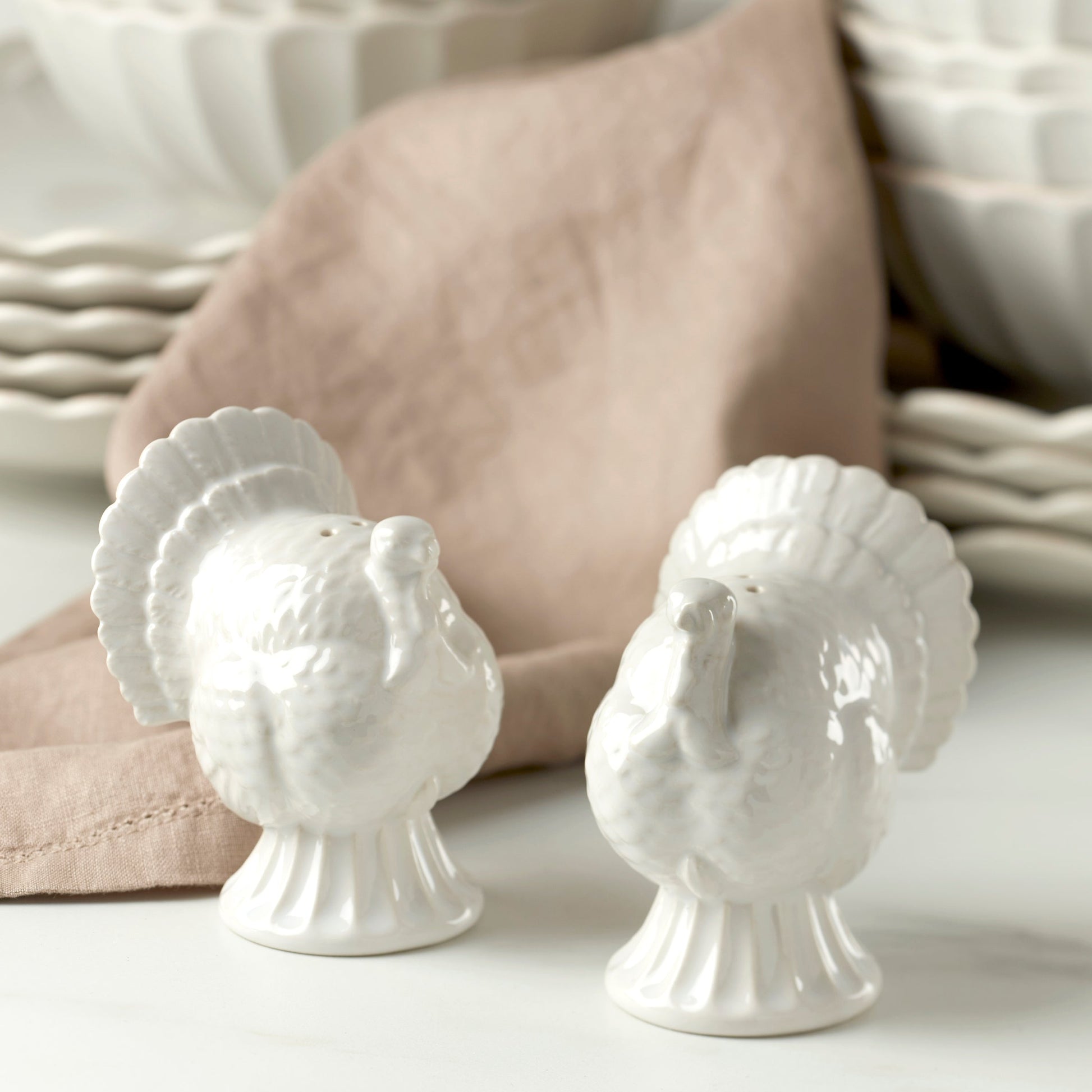 French Perle White Carved Turkey Salt & Pepper Set