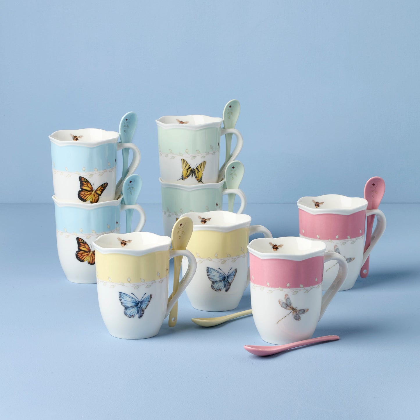 Butterfly Meadow Color Mugs with Spoons, Set of 8