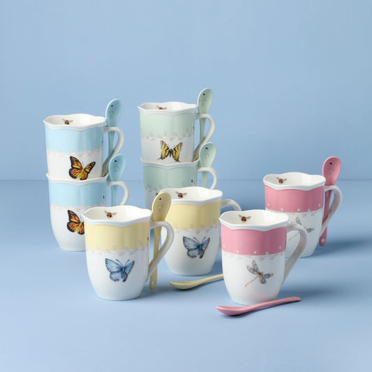 Butterfly Meadow Color Mugs with Spoons, Set of 8