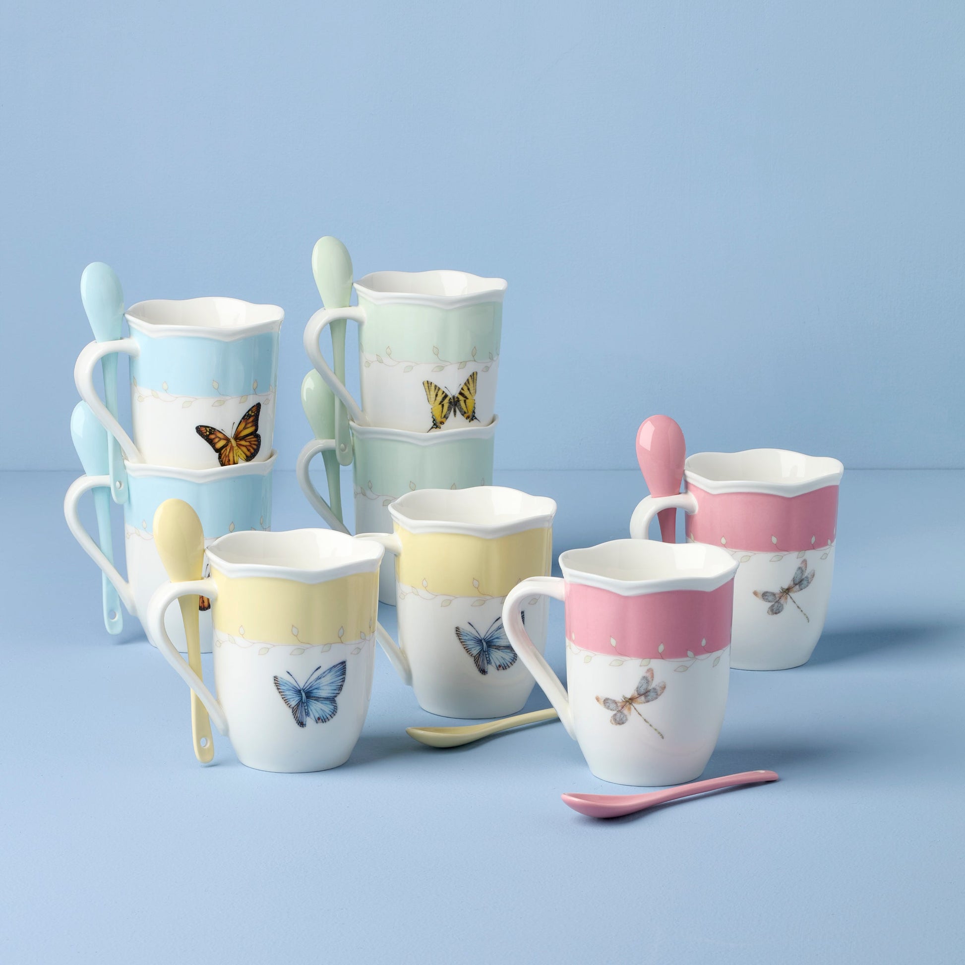 Butterfly Meadow Color Mugs with Spoons, Set of 8