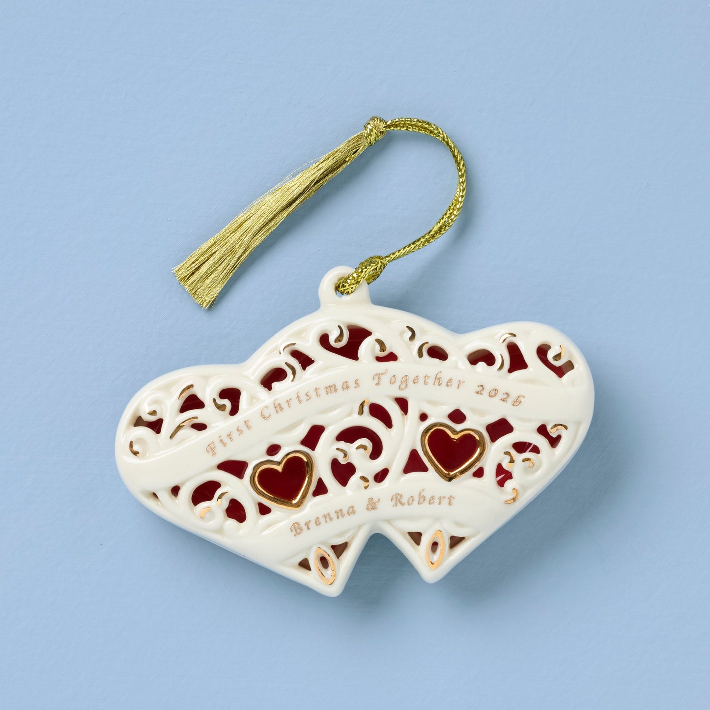 Personalized Two Hearts One Love Ornament