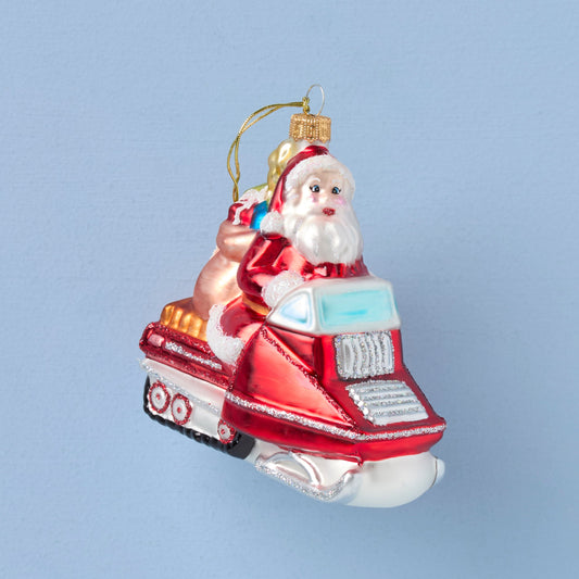 Retro Blown Glass Santa on Snowmobile Ornament