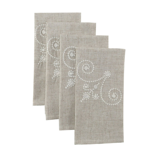 French Perle Linen Embroidered Dinner Napkins, Set of 4