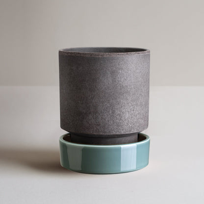Hoff Raw Grey & Glazed Misty Blue 14cm Pot with Saucer